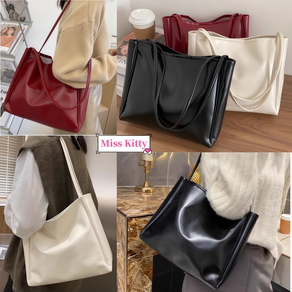 🎀Miss Kitty สไตล์เกาหลีa กระเป๋าใบใหญ่สำหรับผู้หญิงสะพายข้างได้ถือได้หนัง pu สีพื้นๆใส่สบาย "KP-2"