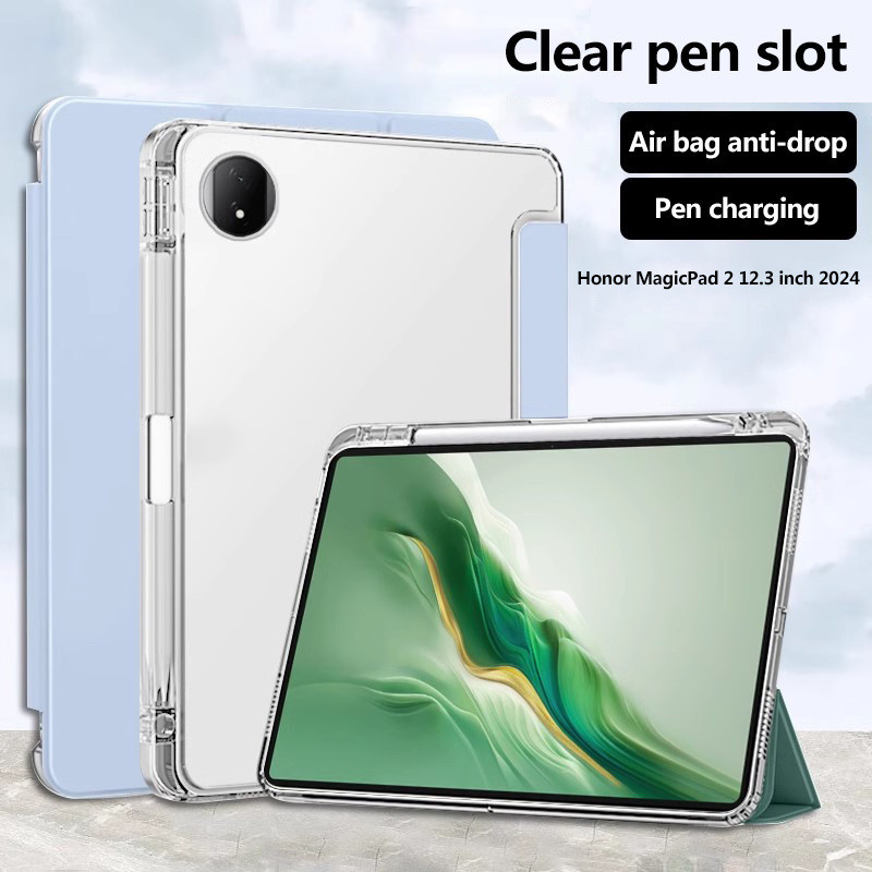 สําหรับ HonorPad 10 X9a V9 X9 11.5 X8a Honor Pad 10 9 8 X8 Lite Magic Pad 2 ปลอกพร้อมที่ใส่ดินสอหนัง PU นุ่มกลับพับขาตั้งโปร่งใสกลับกันกระแทกฝาครอบแท็บเล็ตกรณี