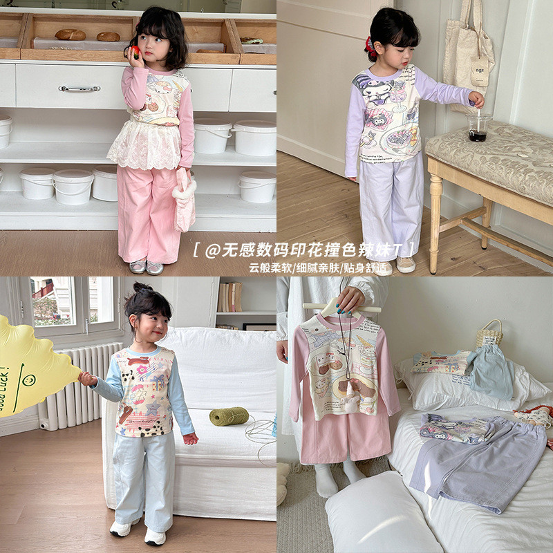 Huzhou Zhili เสื้อผ้าเด็กฤดูใบไม้ร่วงสาวการ์ตูนพิมพ์เสื้อยืดแฟชั่น