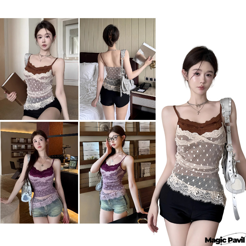【Magic】พร้อมส่ง | เสื้อกล้าม เสื้อสายเดี่ยว ลายลูกไม้ผ้านิ่ม น้ำตาลม่วง  มีฟองน้ำ ทรงรัดพอดี FY1956