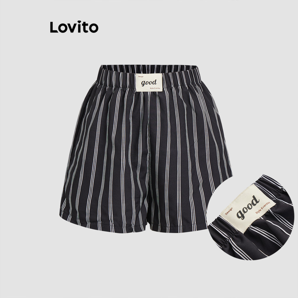 Lovito กางเกงขาสั้นลายทางสีบล็อกลำลองสำหรับผู้หญิง L112ED507