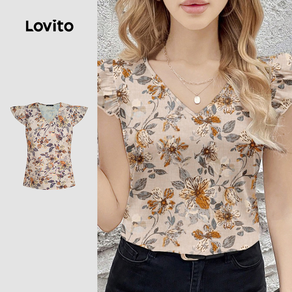 (โบโฮ) Lovito เสื้อเชิ้ตประดับลูกไม้น่ารักลายดอกไม้ สำหรับฤดูใบไม้ผลิ/ฤดูร้อน ผู้หญิง L155ED739