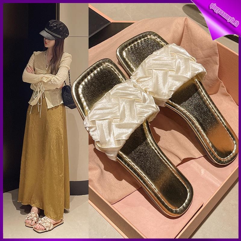 Women's Shoes French Style Fairy Style Flat Woven Slippers Elegant Square Toe Sandals rHTX