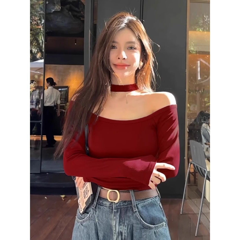 ⭐Soroh⭐เสื้อแขนยาว สีพื้น ปาดไหล่ เข้ารูป ผ้านุ่มนิ่ม ยืดพอดีตัว เสื้อครอป สไตล์เกาหลี แฟชั่น#FY0833 - รูปที่ 2