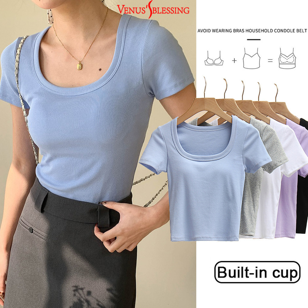 เสื้อยืดรีโทรแขนสั้นแบบ U-Neck กันยืดหยุ่น สวมใส่สบาย มีแผ่นรองหน้าอก