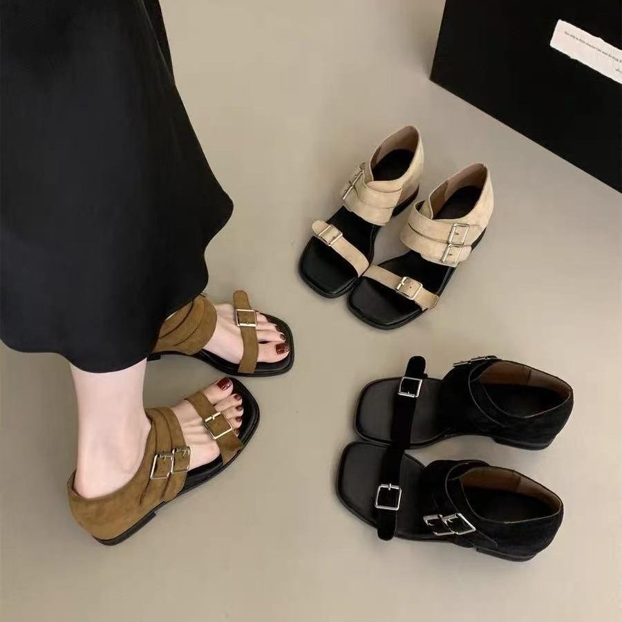 พร้อมส่งจากไทย TX730 รองเท้าเเตะฤดูร้อน หนังนิ่ม สายรัดเข็มขัด หนา2นิ้ว หนังกลับ สไตล์ลำลอง สำหรับผู้หญิง