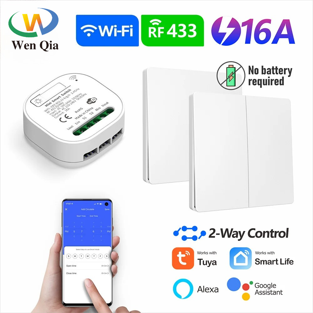 WiFi RF สวิตช์ไฟอัจฉริยะ Tuya Smart Life Alexa รีโมทคอนโทรลไร้สาย AC 100-240V 16A 2-Way Wall Panel ไม่มีแบตเตอรี่ไม่มีสายไฟ