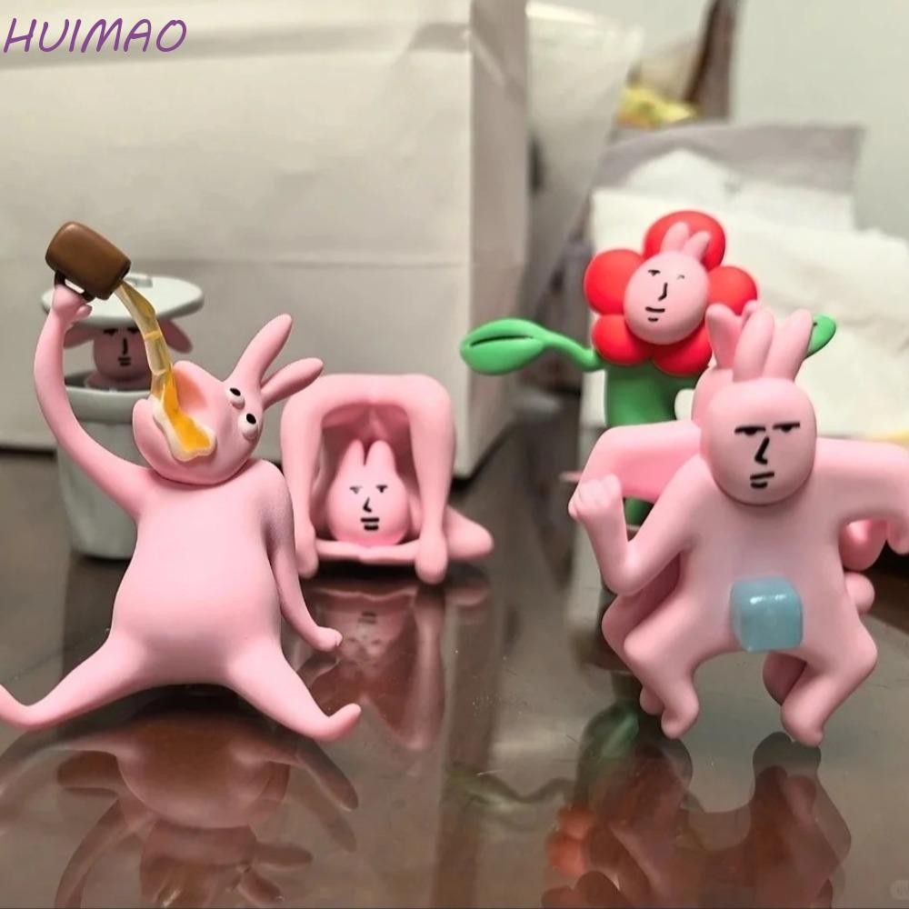 HUIMAO My Friend Rabbit Action Figure, Collection การ์ตูนตุ๊กตากระต่ายสีชมพู, รูปปั้นประณีตน่ารักตลก