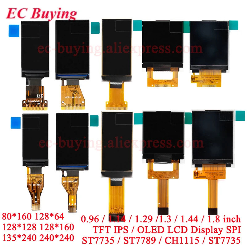 0.96" 0.96 1.14 1.3 1.44 1.8 นิ้ว HD IPS จอแสดงผล TFT หน้าจอ LCD 1.29 "OLED 128*128 135*240 80*160 ST7735 ST7789 CH1115 ST7735
