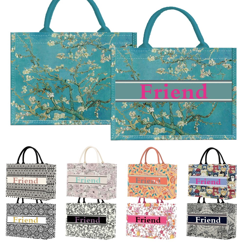 กระเป๋าถือผู้หญิง ลายพิมพ์ศิลปะ ขนาดใหญ่ ทำจากผ้าฝ้าย ใช้งานได้หลากหลาย เหมาะสำหรับช็อปปิ้งและเดินทาง เพื่อนชุด