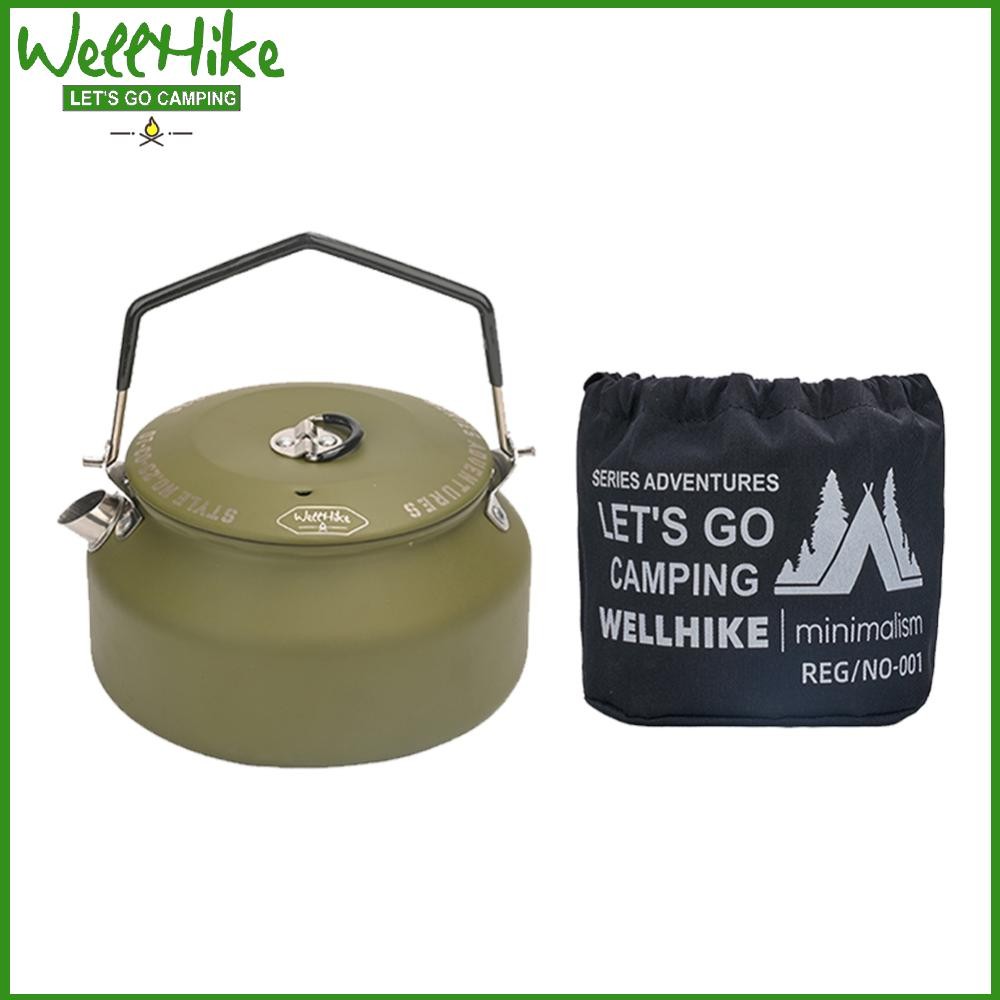 WELLHIKE 🚚กาต้มน้ำสแตนเลส 304 แบบพกพา น้ำหนักเบาที่เหมาะสำหรับการตั้งแคมป์และท่องเที่ยว มาพร้อมที่จับ (สีเขียว)