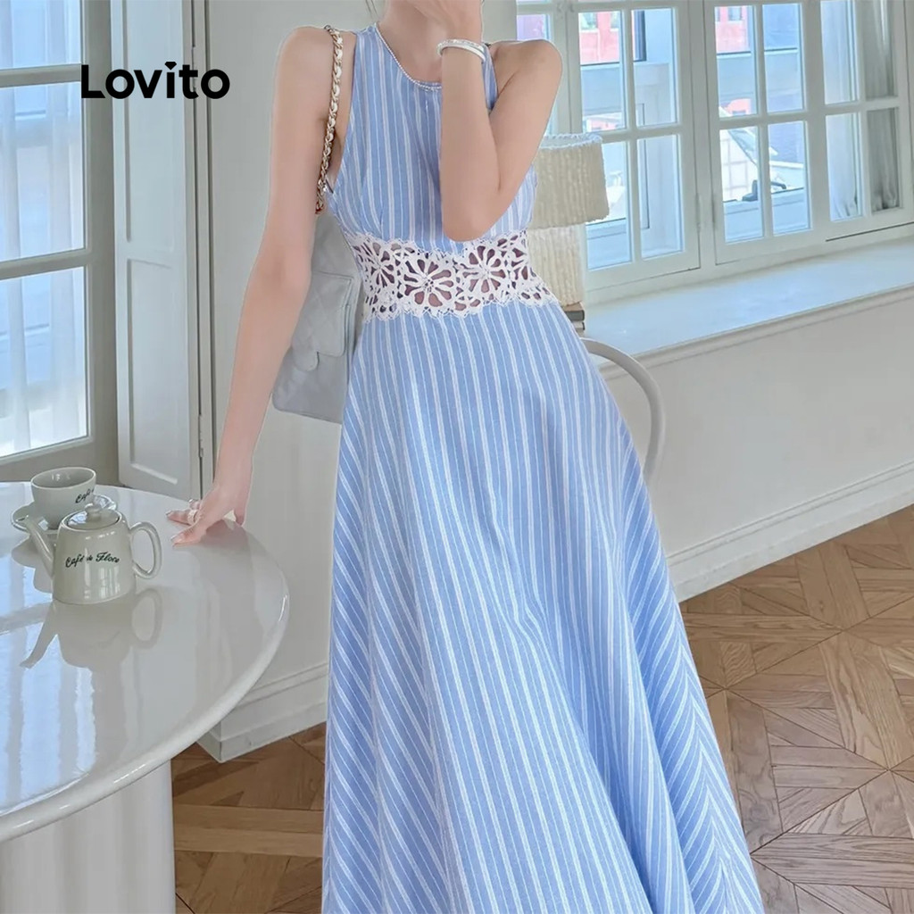 (NEW) Lovito ชุดเดรสลายเรขาคณิตแบบไม่เป็นทางการ สำหรับหญิงสาว สีฟ้า สำหรับฤดูใบไม้ผลิ/ฤดูร้อน L154ED595 - รูปที่ 2
