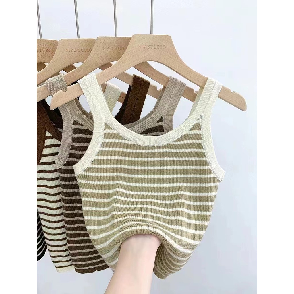 T Classy Simple U-คอลายสีตัดกันเสื้อกั๊กทรงเข้ารูปถักของ Xi Huanguan H2YB