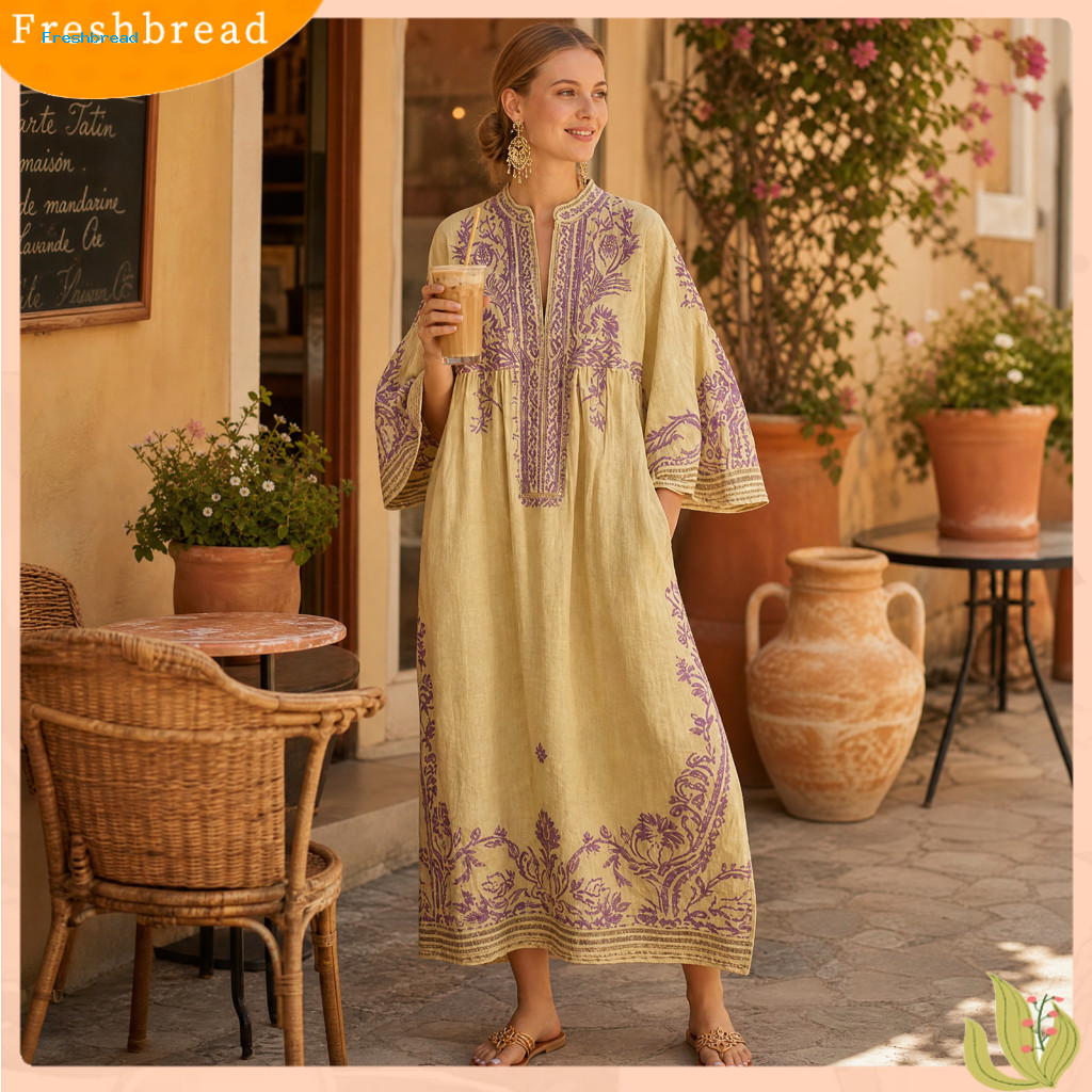 FR * ผู้หญิงผ้าระบายอากาศ Plus ขนาด Breathable ชุดผู้หญิงs Boho Maxi ชุดปักพิมพ์ 3/4 แขน V คอฤดูร้อน