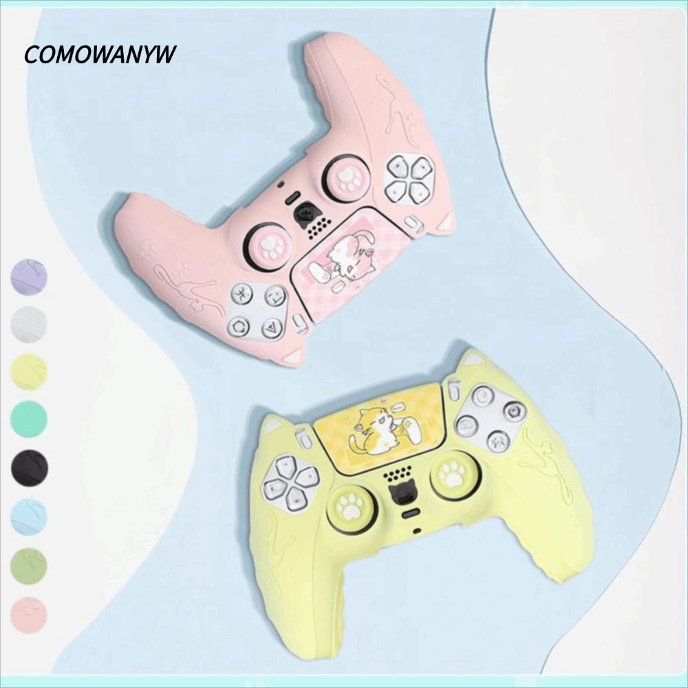 COMWANYW ชุดคอนโทรลเลอร์, สติกเกอร์ซิลิโคนผิว, แมวกันลื่นพร้อม Thumb Grip Caps เปลือกป้องกันสําหรับ PS5