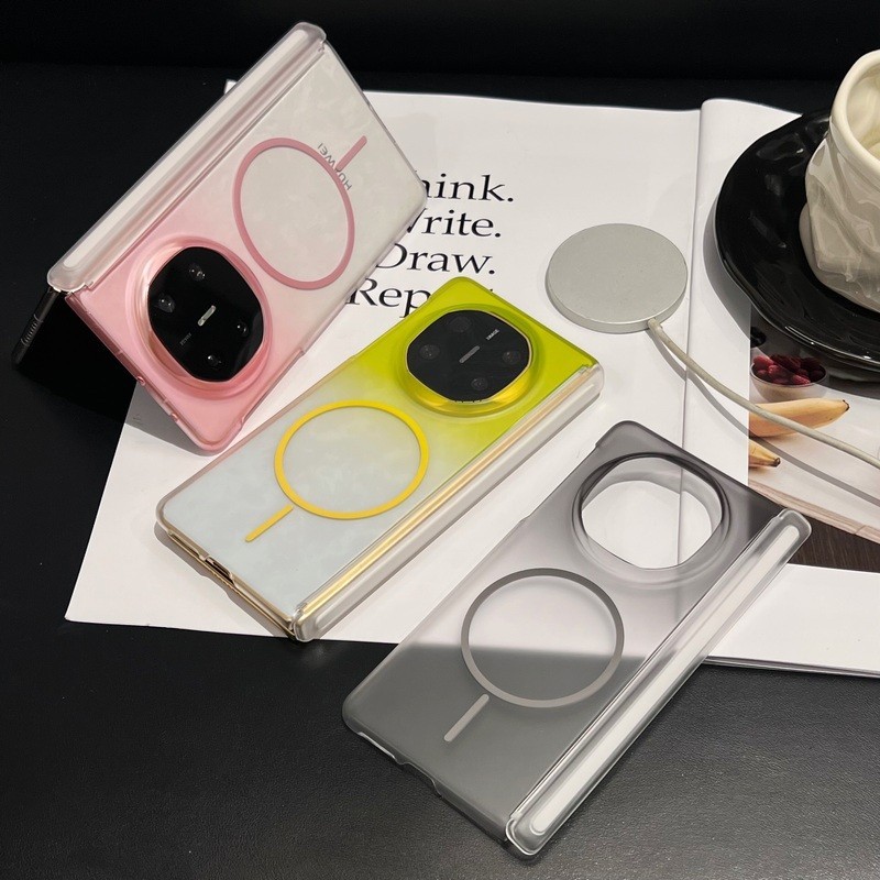 Thin & Light Gradient สีชมพูสีเหลืองโปร่งแสง PC บานพับแม่เหล็กสําหรับ Huawei Mate X6 X7 X5 X3 XT XTS Honor Magic V6 V5 V3 V2 ฝาครอบโทรศัพท์ปลอก