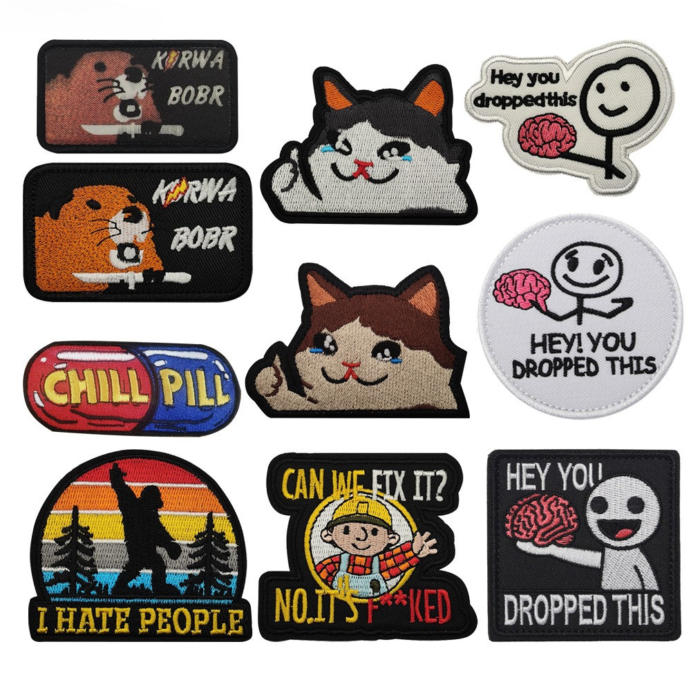 แมวตลกและ Meme Themed Hook Loop Patch ชุด Featuring Crying Thumbs Up Kitty Chill Pill และ Hey You Dr