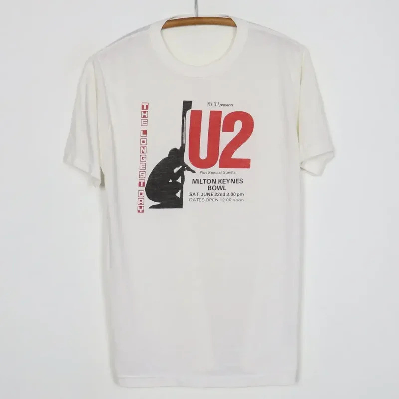 เสื้อยืดคอนเสิร์ต U2 The Longest Day Milton Keynes ปี 1985 สไตล์วินเทจ