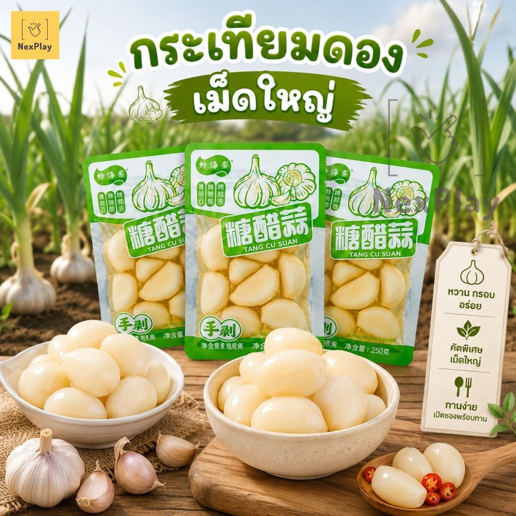 พร้อมส่ง กระเทียมดองสไตล์จีน กระเทียมดองเปรี้ยวหวาน  (1ซอง)  พร้อมทาน กรอบฉ่ำ เคี้ยวเพลิน