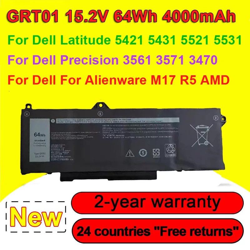 GRT01 แบตเตอรี่แล็ปท็อปสําหรับ Dell Latitude 5421 5431 5521 5531 Precision 3561 3571 3470 สําหรับ Al