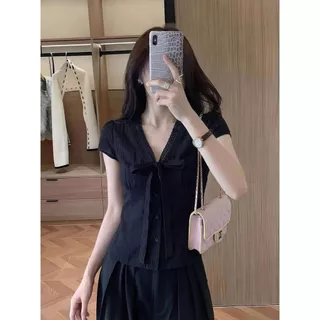 Veewink เสื้อเชิ้ตแขนสั้นคอวีสีน้ำเงินเข้ม โบว์เกาหลี สไตล์ลำลอง ดูดี สวยปัง แมทช์ง่าย กันแดด