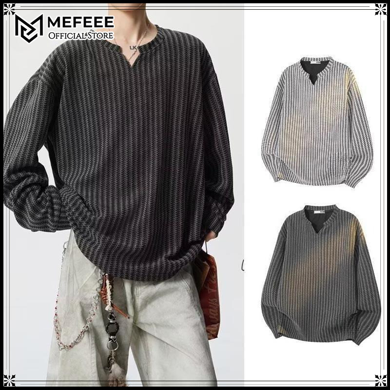 MEFEEE ขนาดใหญ่ V คอ Chenille Pullover Unisex Streetwear เสื้อกันหนาวลําลองแขนยาวหลวม Fit Top M-3XL สีดําสีเทา