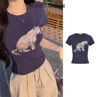 MOSESQUEEN มอสเซควีน เสื้อยืดแขนสั้นพิมพ์ลายเสือดาวอเมริกันเสื้อคอกลมแขนสั้นเข้ารูปผู้หญิงเข้ารูปและเข้ารูป #63695