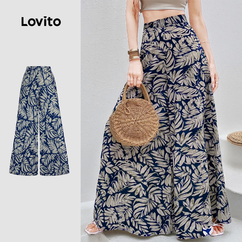 Lovito โบโฮ โบฮีเมียนลายทรอปิคอลซิปกางเกงสําหรับผู้หญิง L131ED552