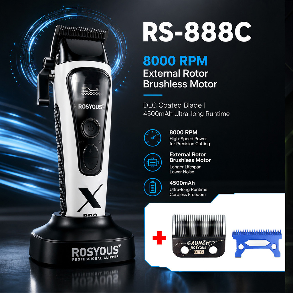 ROSYOUS RS-888C Clippers สําหรับผู้ชาย 8000RPM DLC ใบมีด Dock ภายนอกโรเตอร์มอเตอร์ไร้แปรงเครื่องตัดผ