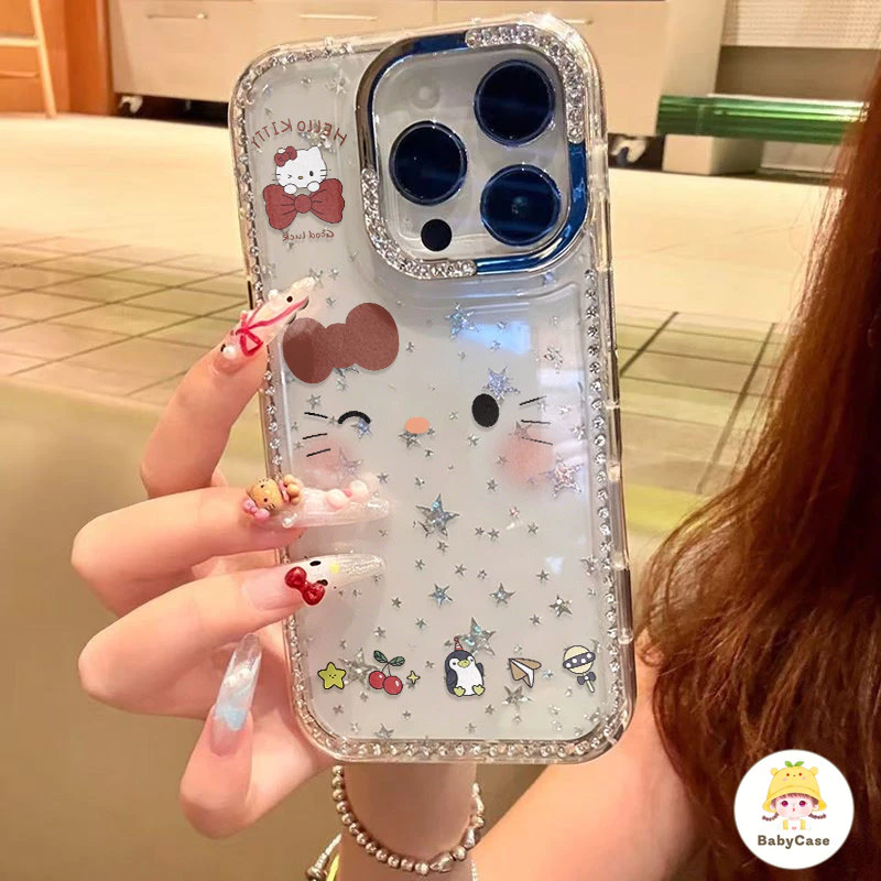 แมวKTน่ารักที่มีเคสโทรศัพท์เพชร เหมาะสำหรับ IPhone 17 16 13 16 14 ProMax 15 16 11 15 Plus Air 17 12 15 12PRO