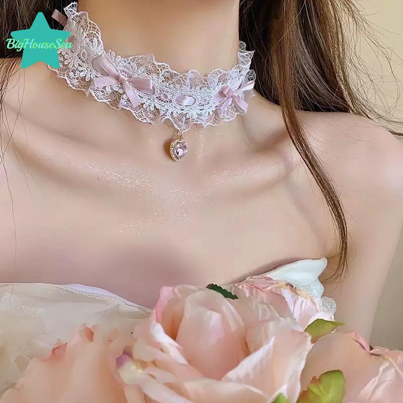 [Sea-t] Lace Sweet Love Heart Gem Charm Lolita Girls Nelace คอสเพลย์คอโซ่เต้นรําเครื่องประดับอุปกรณ์เสริมสําหรับงานแต่งงาน