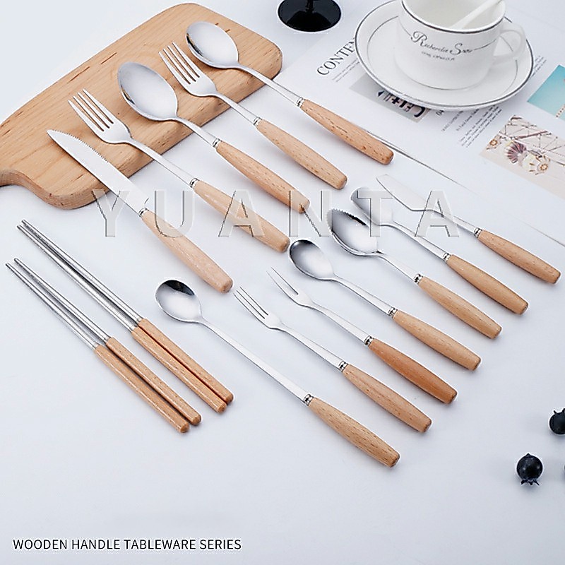 ชุด มีด ช้อน ส้อม ตะเกียบ วัสดุสแตนเลสและไม้ ช้อนส้อมด้ามไม้ Stainless steel cutlery