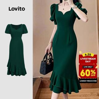 Lovito Elegant Women Dress Ruffle Spring/summer Green Dress L171ED076