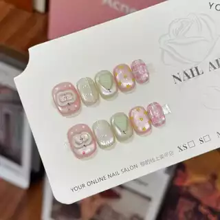 ✨พร้อมส่งไทย✨ เล็บปลอม แยกไซส์ สั้นกุด ลูกแพร์ น่ารัก สีลูกแก้วแคทอาย สไตล์เกาหลี 10 ชิ้น/ไซส์ M S XS ฟรีกาวสิลิโคน