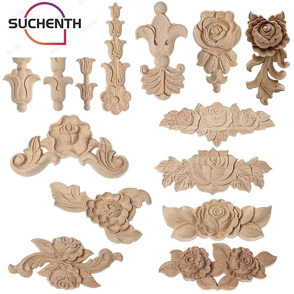 Suchenchen Woodcarving Rose Flower Unpainted Natural DIY อุปกรณ์เสริมดอกไม้แกะสลัก