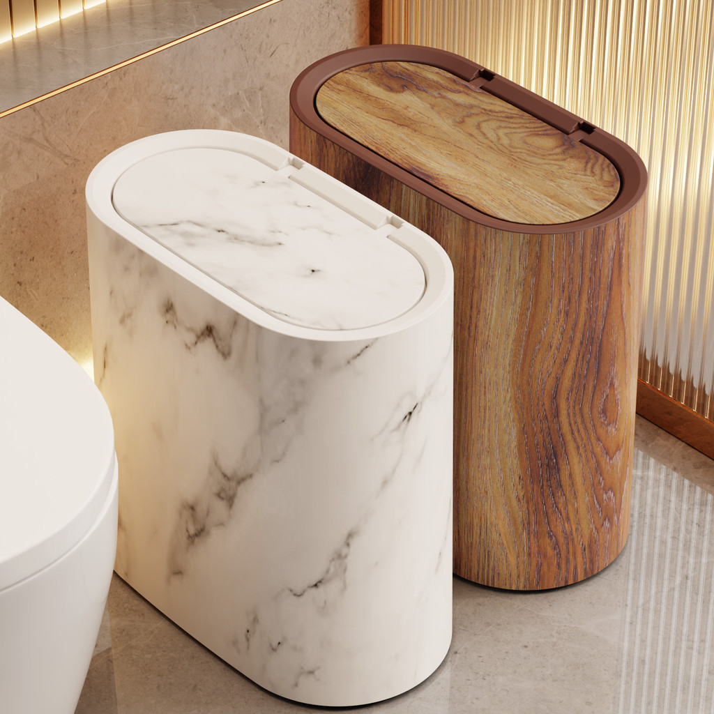ถังขยะฝาปิด Pop‐Up สําหรับพื้นที่แน่น – Oval & Slim, Push-to-Open, เหมาะสําหรับห้องน้ํา, ชุด