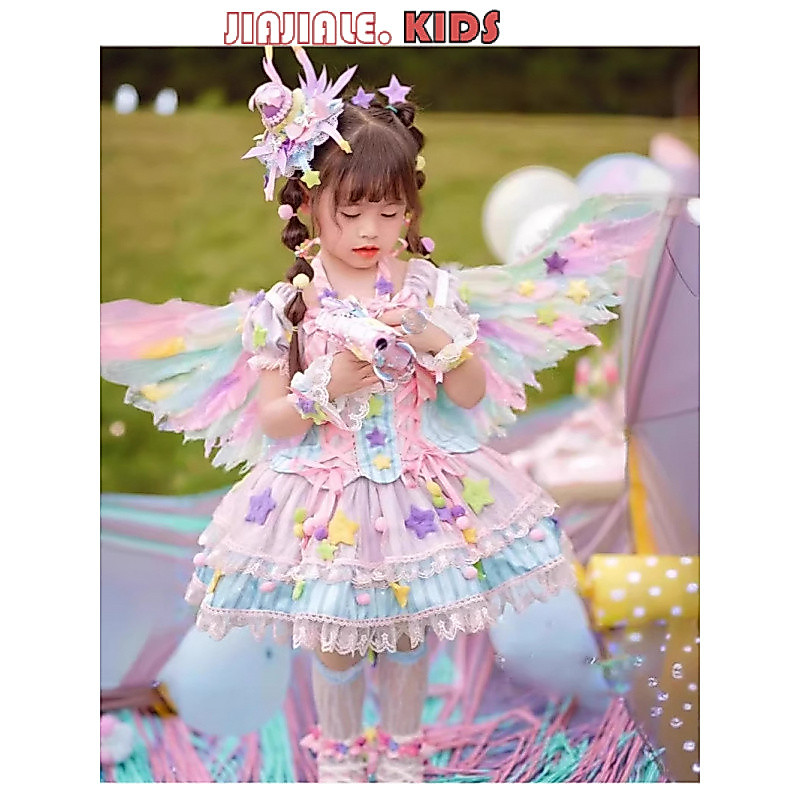 2-12Y Kids Lolita Candy Unicorn Dress ครบชุดพร้อมปีก| ชุดเจ้าหญิงดาวสีรุ้งระดับไฮเอนด์, ชุดปาร์ตี้วันเกิดฤดูร้อนแขนสั้น