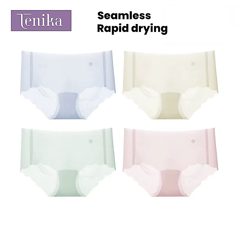 TENIKA กางเกงในผู้หญิง ส่วนที่บาง Ice Silk ไร้ขอบ เอวกลาง สบายตัว ผ้าเรียบนุ่มลื่น
