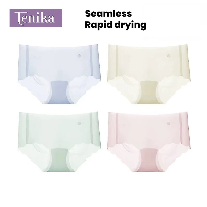 TENIKA กางเกงในผู้หญิง ส่วนที่บาง Ice Silk ไร้ขอบ เอวกลาง สบายตัว ผ้าเรียบนุ่มลื่น