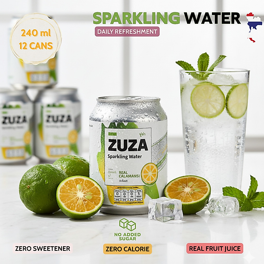Zuza Calamansi Sparkling Water (12-pack case) 240 mL/ น้ำดื่มสปาร์คกลิ้งรสส้มจี๊ด (12กระป๋อง)