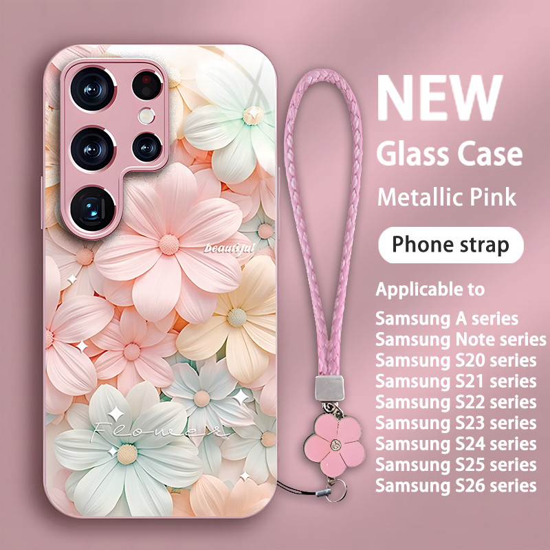 เคส Samsung Galaxy S26 S25+ S24 S23 S22 S21 S20 Note20 10 Ultra Edge FE A56 A55 A36 A35 A26 A25 A16 A15 A05 สายคล้องโทรศัพท์ กันกระแทก เคสฝาหลังแข็งกระจก ของขวัญ ลวดลายดอกไม้,