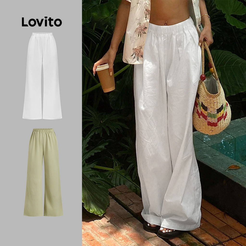 Lovito กางเกงขายาวผู้หญิง จับจีบเดรป มีกระเป๋า สีพื้น สไตล์แคชชวล L106AD205