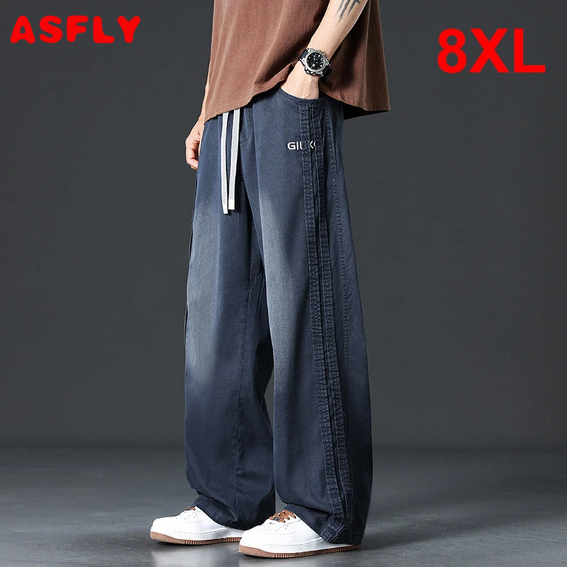 ASFLY 8XL Plus Size Straight Pants Men Cargo Pants Male Fashion Casual Stretch เอวขนาดใหญ่ 8XL