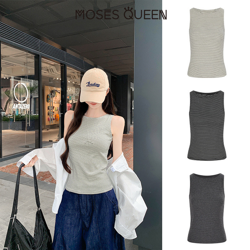 MOSESQUEEN เสื้อตัวเล็กลายเส้นสีเข้มสวมใส่ พร้อมชั้นในเป็นเสื้อคอปกแบบพอดีรูปทรงกลม และชั้นในที่เรียบไม่มีแขน #63864
