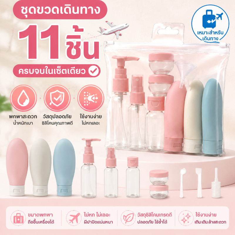 ✈️ ชุดบรรจุขวดสําหรับการเดินทาง 11pcs ขนาดพกพา หลอดแบ่งครีม สําหรับใส่โลชั่น เครื่องสําอาง แชมพู เดินทาง ขึ้นเครื่องได้