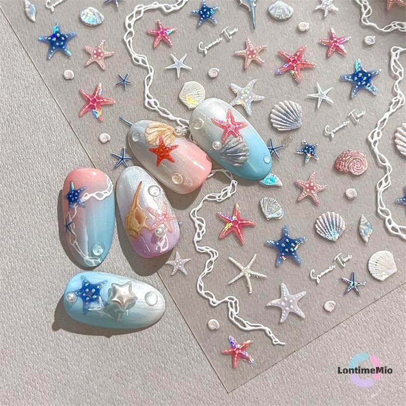 LontimeMio] 1 แผ่น 5D ฤดูร้อนเปลือกหอยเล็บสติกเกอร์เงานูนปลาดาวเล็บสติกเกอร์ฤดูร้อน Beach Sea Conch เล็บ Decals ตกแต่งใหม่