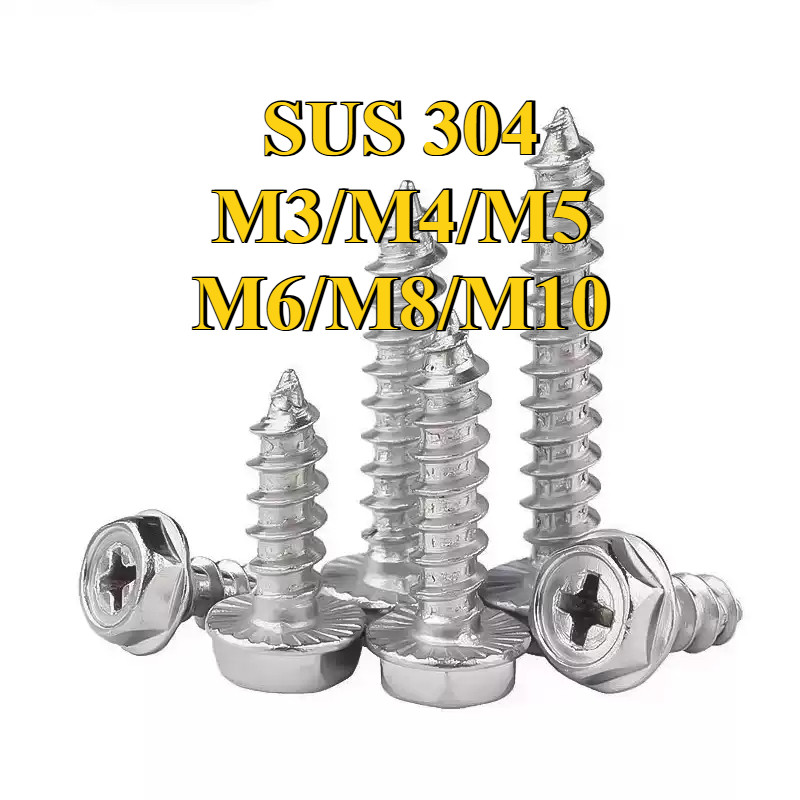 สกรู น็อต หัวหกเหลี่ยมติดแหวน ติดจาน แฉก มีลาย สแตนเลส 304 เกลียวปล่อย M3/M4/M5/M6/M8/M10 [GYYY-TG]