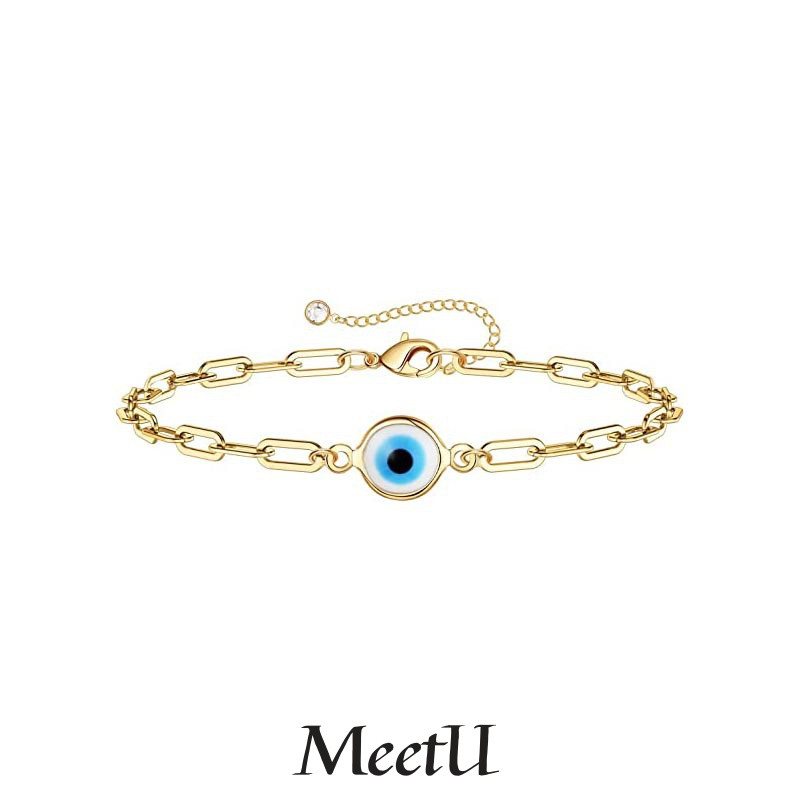 สร้อยข้อมือ 여성 ทำจากไทเทเนียมเหล็ก มีหินตาปีศาจสีฟ้า ออกแบบเรียบง่ายและสีไม่ง่ายต่อการซีดจาง