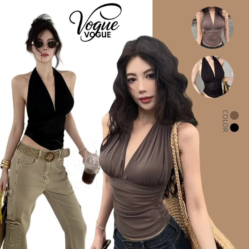 Vogue🌟พร้อมส่ง🌟 เสื้อคล้องคอ เว้าหลังอก ซทรูสีพื้นยืดใส่สบายมาก สาวเซ็กซี่ (FY9345)