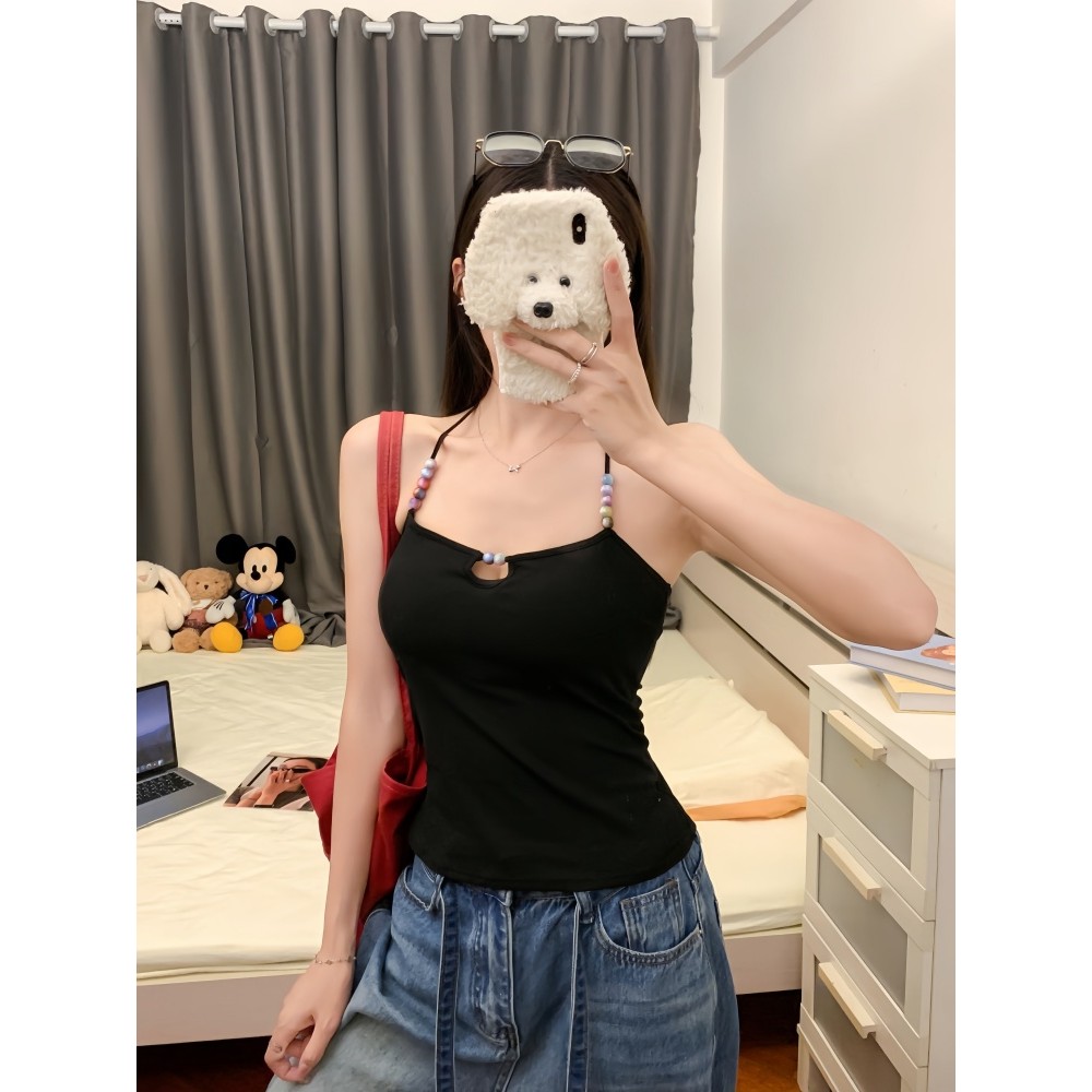 Vogue🌟พร้อมส่ง🌟 เสื้อสายเดี่ยว สีม่วงดำ แต่งลูปปัด เสริมฟองน้ำในตัวยืดพอดี (FY1327) รูปที่ 5